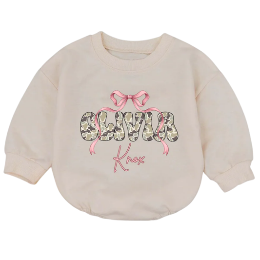 Custom Camo Baby Name Coquette Pink Ribbon Bow Romper Sweatshirt, Custom Camo Baby Romper Sweater BB0233