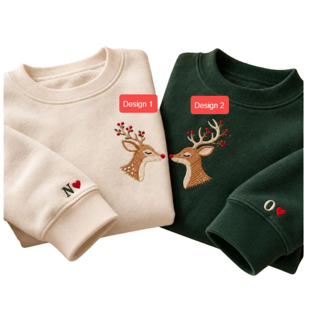Custom Reindeer Couple Embroidered Sweatshirt With Initial Name, Personalized Christmas Couple Matching Sweatshirt 2D1303