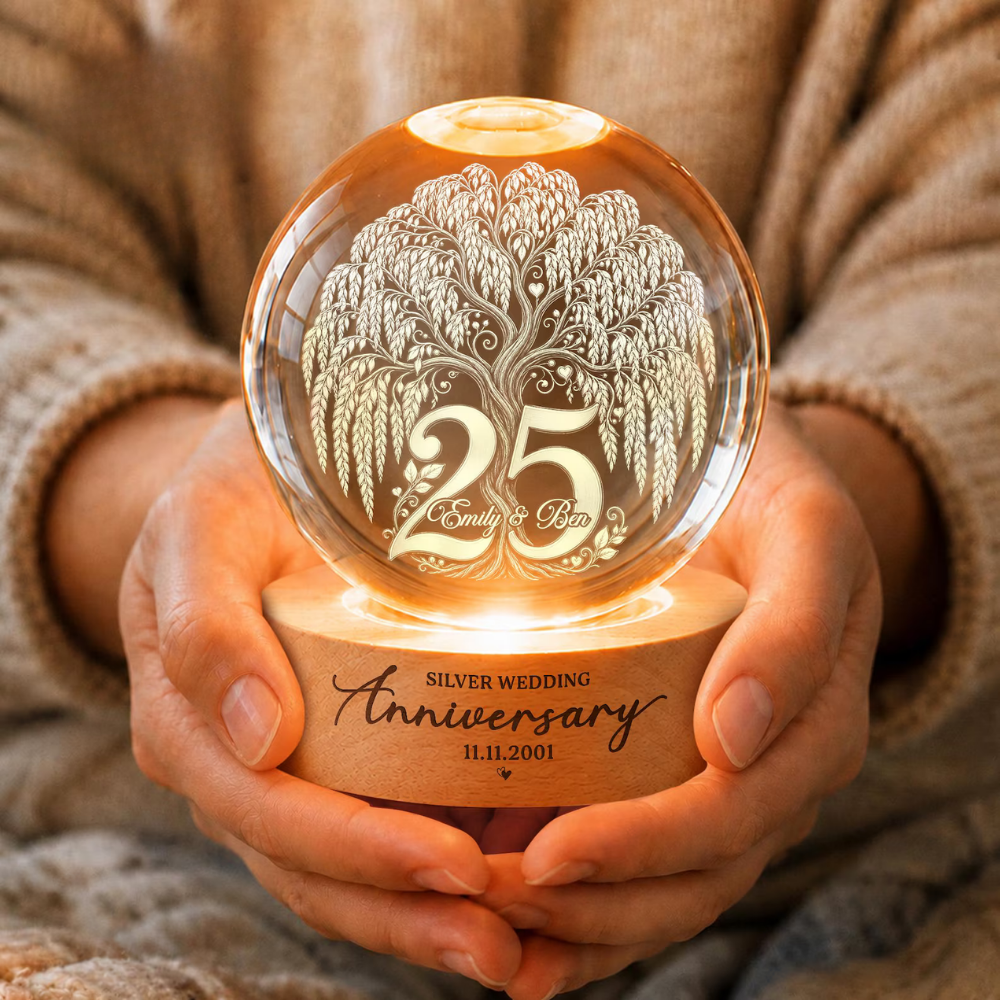 Personalized 25th Wedding Anniversary Crystal Ball Led Night Light With Couple Name, Custom Silver Wedding Keepsake Night Light WD0903