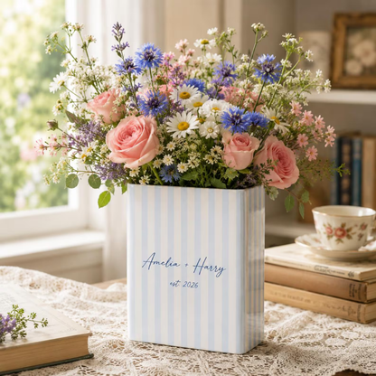 Personalized Blue Striped Wedding Engagement Anniversary Ceramic Book Vase, Custom Striped Book Vase For Couple WD0557