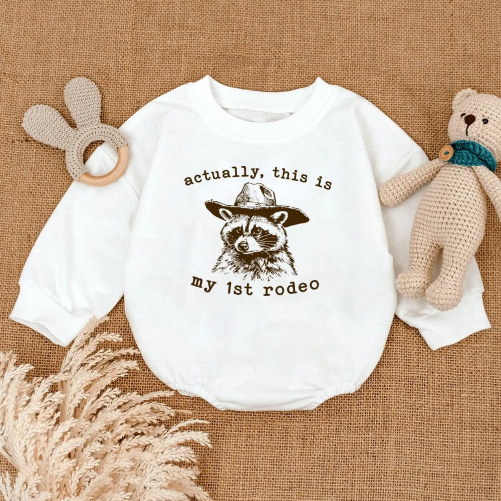 Actually This Is My 1st Rodeo Raccoon Cowboy Baby Romper Sweatshirt, Western Cowboy Baby Romper Sweatshirt BB0154