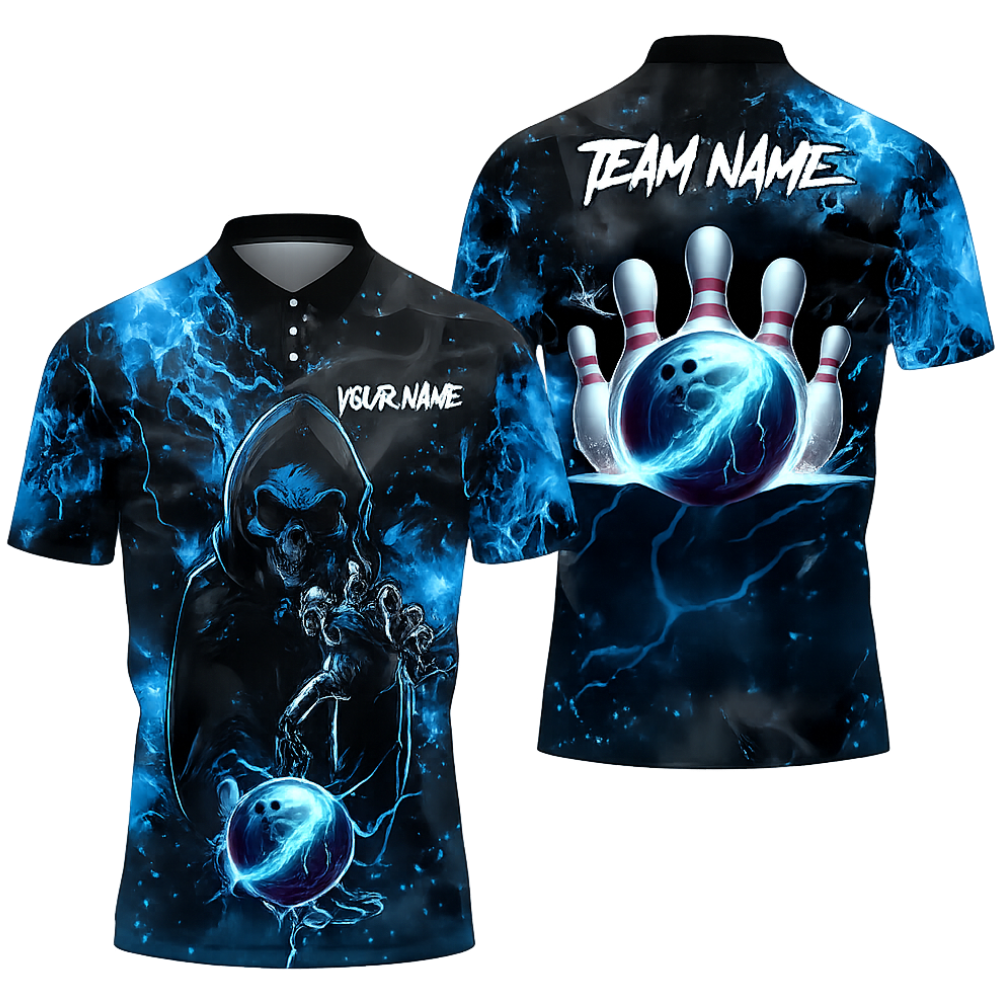 Custom Skull Black And Blue Bowling Men Polo Shirt, Custom Skull Bowling Team Shirts BZ0467