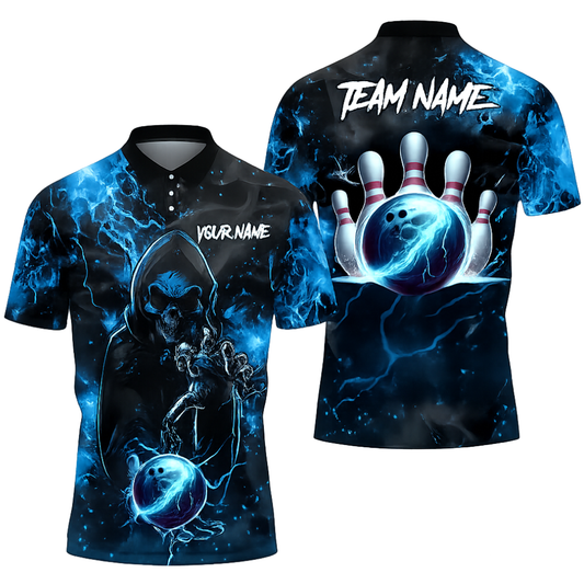 Custom Skull Black And Blue Bowling Men Polo Shirt, Custom Skull Bowling Team Shirts BZ0467