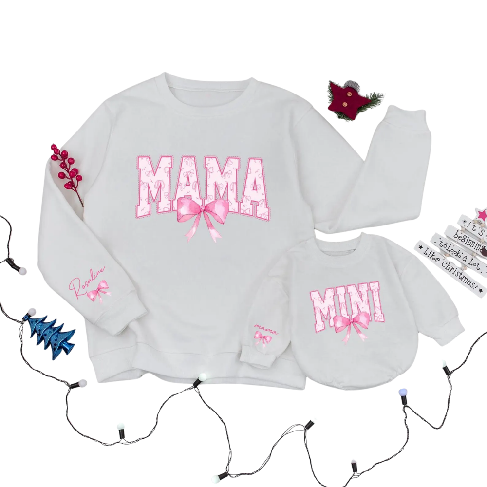 Personalized Mama And Mini Pink Bow Sweatshirt Matching, Custom Mommy And Daughter Sweatshirts ET1574