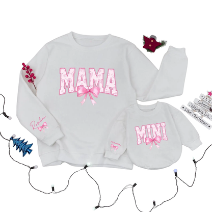 Personalized Mama And Mini Pink Bow Sweatshirt Matching, Custom Mommy And Daughter Sweatshirts ET1574
