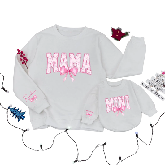Personalized Mama And Mini Pink Bow Sweatshirt Matching, Custom Mommy And Daughter Sweatshirts ET1574