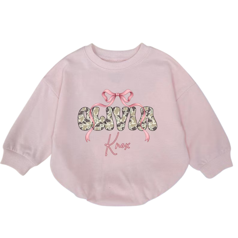 Custom Camo Baby Name Coquette Pink Ribbon Bow Romper Sweatshirt, Custom Camo Baby Romper Sweater BB0233