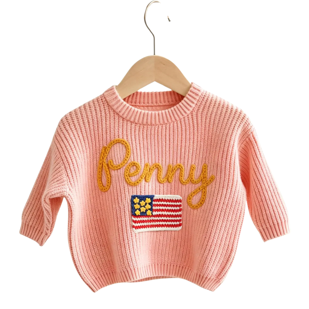 American Flag Custom Name Baby Embroidered Knit Sweater, Custom Patriotic Baby Sweatshirt BB0801