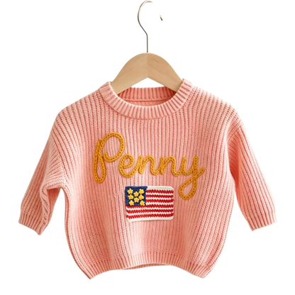American Flag Custom Name Baby Embroidered Knit Sweater, Custom Patriotic Baby Sweatshirt BB0801
