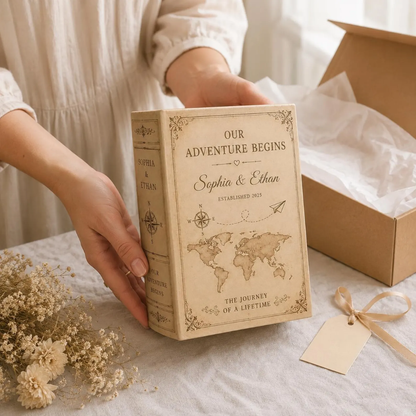 Our Adventure Begins Custom Wedding Ceramic Book Vase, Custom Wedding Engagement Book Vase For Adventure Lovers WD0568