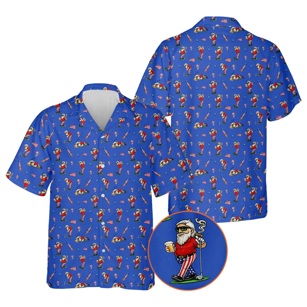 Funny Old Man USA Flag Golf Blue Hawaiian Shirt For Men, Funny 4th Of July Golf Hawaiian Shirts HE0443