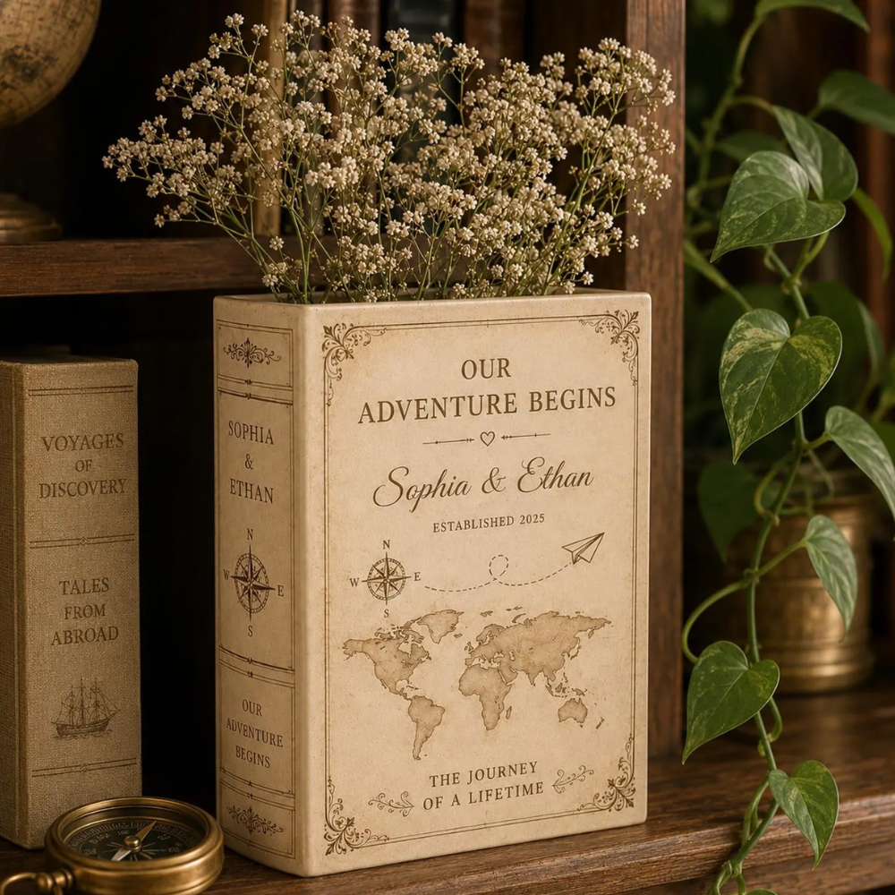 Our Adventure Begins Custom Wedding Ceramic Book Vase, Custom Wedding Engagement Book Vase For Adventure Lovers WD0568