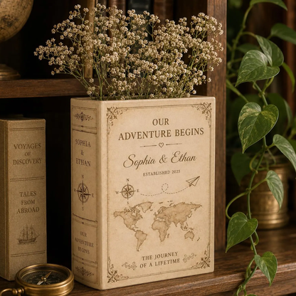Our Adventure Begins Custom Wedding Ceramic Book Vase, Custom Wedding Engagement Book Vase For Adventure Lovers WD0568