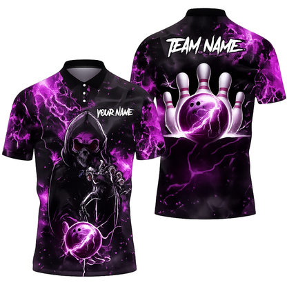 Custom Skull Black And Blue Bowling Men Polo Shirt, Custom Skull Bowling Team Shirts BZ0467