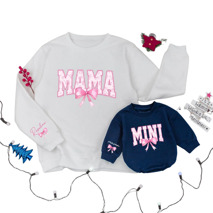 Personalized Mama And Mini Pink Bow Sweatshirt Matching, Custom Mommy And Daughter Sweatshirts ET1574