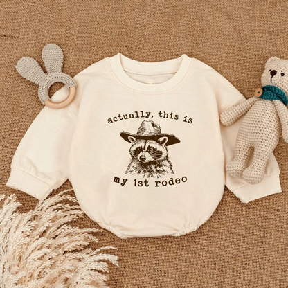 Actually This Is My 1st Rodeo Raccoon Cowboy Baby Romper Sweatshirt, Western Cowboy Baby Romper Sweatshirt BB0154