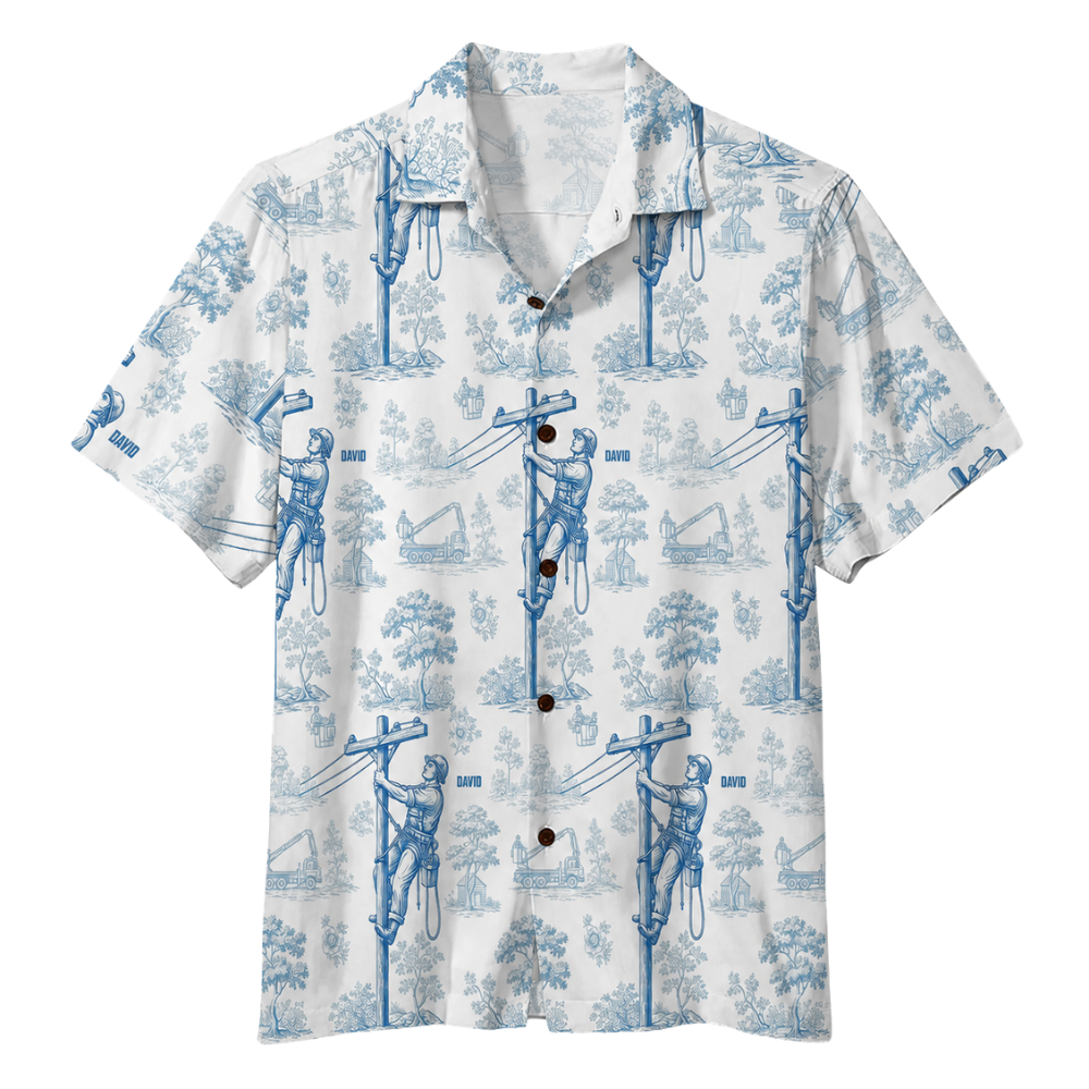 Custom Electrician Vintage Blue White Hawaiian Shirt For Men, Custom Electrician Hawaiian Shirt With Name HE0256
