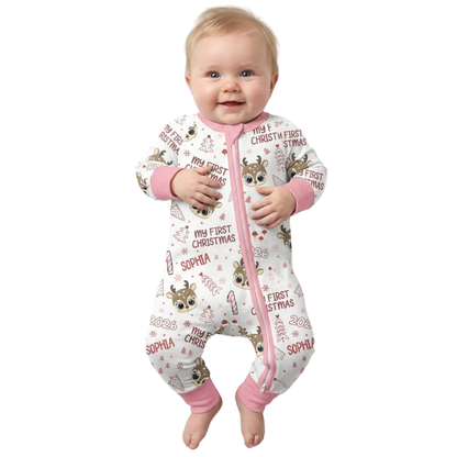 My First Christmas Reindeer Custom Name Baby Romper Convertible Zippy, Custom 1st Christmas Baby Romper Convertible BB0918