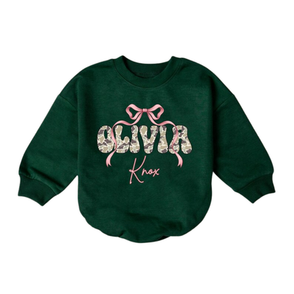 Custom Camo Baby Name Coquette Pink Ribbon Bow Romper Sweatshirt, Custom Camo Baby Romper Sweater BB0233