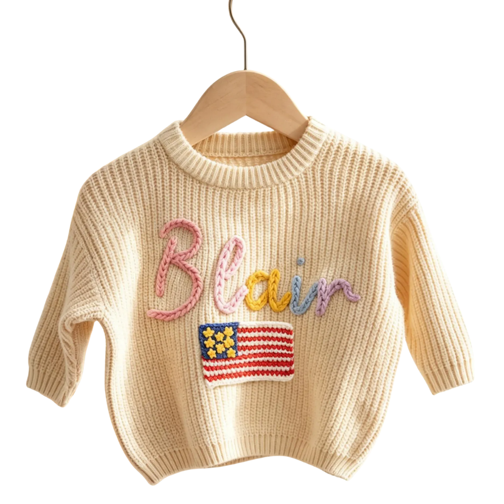 American Flag Custom Name Baby Embroidered Knit Sweater, Custom Patriotic Baby Sweatshirt BB0801