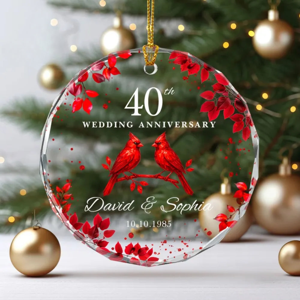 Custom Red Cardinal 40th Wedding Anniversary Glass Ornament, Custom Ruby Wedding Ornament WD0289