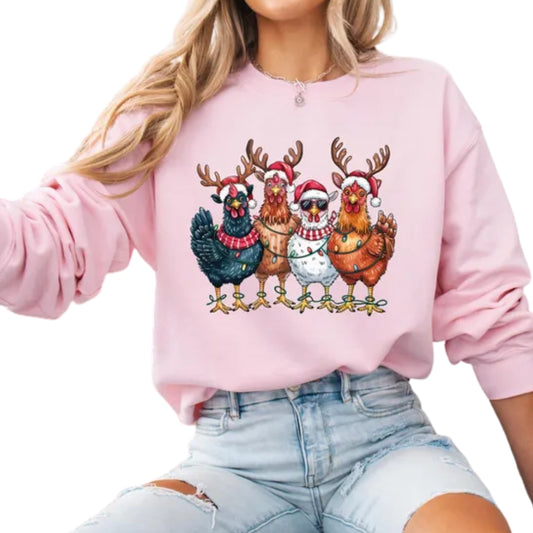 Сute Christmas Chickens Sweatshirt, Womens Christmas Chicken Sweatshirt 2D0573