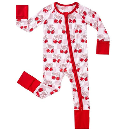 Red Cherry Checkered Baby Romper Convertible Zippy, Cherry Baby Convertible Romper BB0396