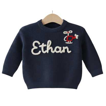 Custom Helicopter Baby Embroidered Knit Sweater, Custom Airplane Baby Sweatshirt With Name BB0802