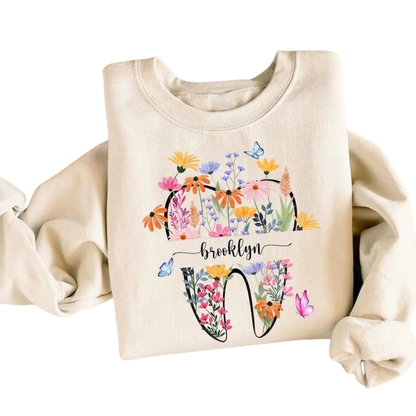 Personalized Floral Tooth Sweatshirt With Name, Custom Dental Assistant Sweatshirt 2D0902