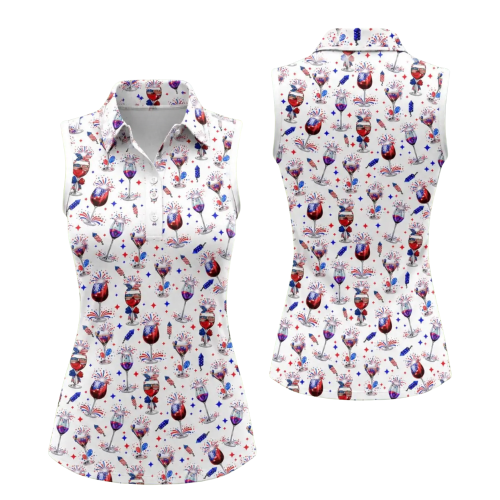 Women's Wine Red White Blue Sleeveless Golf Shirt, Wine Patriotic 4th Of July Golf Shirts For Ladies GE0529