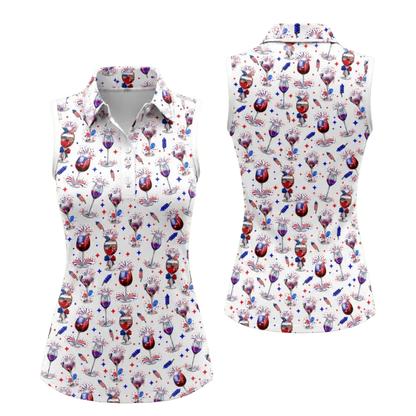 Women's Wine Red White Blue Sleeveless Golf Shirt, Wine Patriotic 4th Of July Golf Shirts For Ladies GE0529