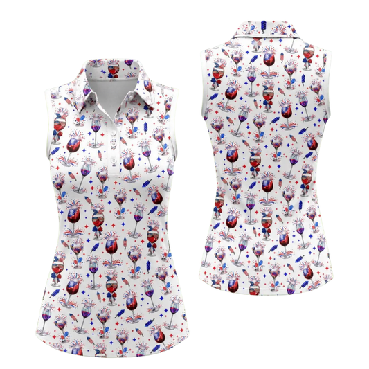 Women's Wine Red White Blue Sleeveless Golf Shirt, Wine Patriotic 4th Of July Golf Shirts For Ladies GE0529