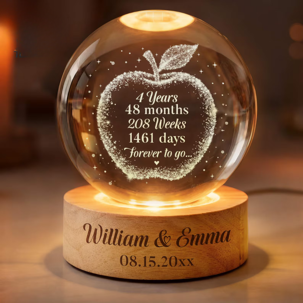 4 Years 48 Months 208 Weeks 1461 Days Forever To Go Custom Crystal Ball Led Night Light, Custom 4th Wedding Anniversary Night Light WD0904