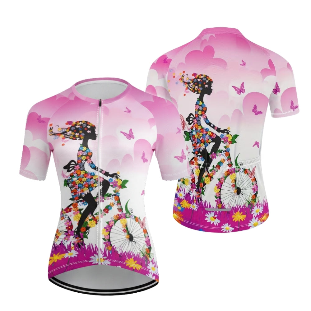 Floral Bicycle Women's Cycling Short Sleeve Jersey, Floral Cycling Jersey For Women CE0022