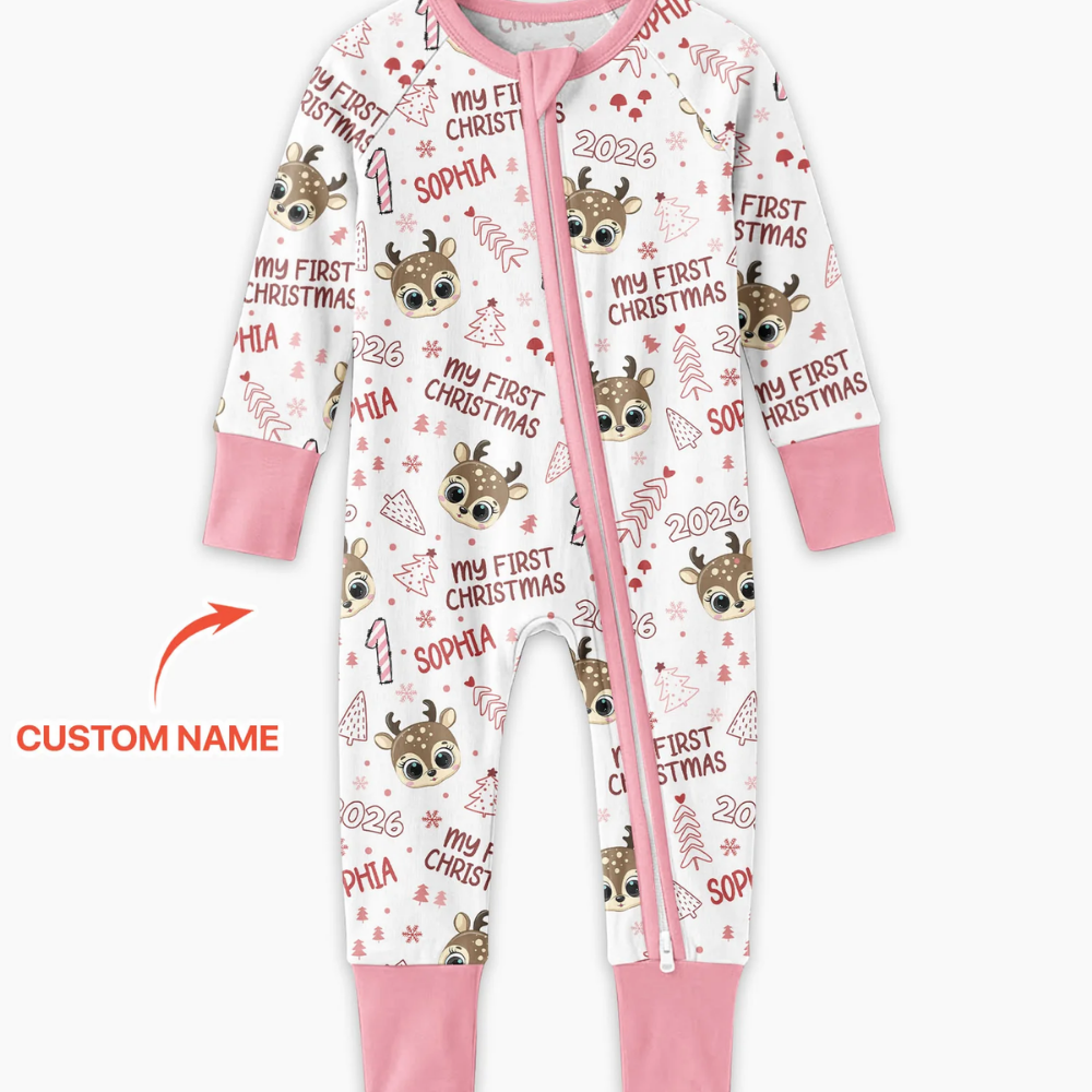 My First Christmas Reindeer Custom Name Baby Romper Convertible Zippy, Custom 1st Christmas Baby Romper Convertible BB0918
