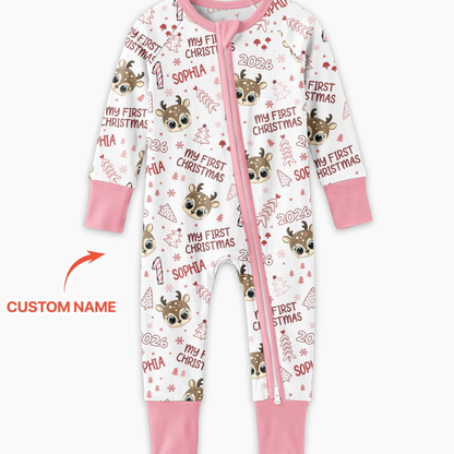 My First Christmas Reindeer Custom Name Baby Romper Convertible Zippy, Custom 1st Christmas Baby Romper Convertible BB0918