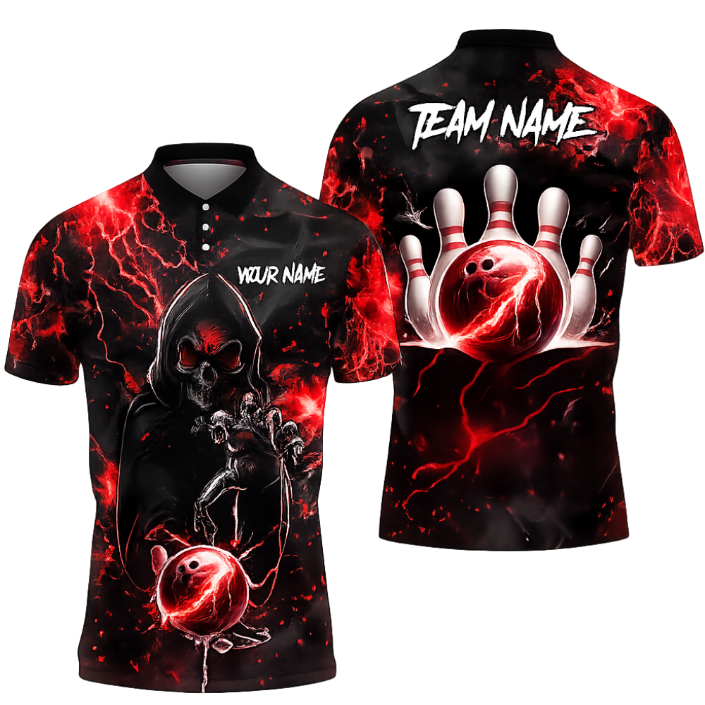 Custom Skull Black And Blue Bowling Men Polo Shirt, Custom Skull Bowling Team Shirts BZ0467