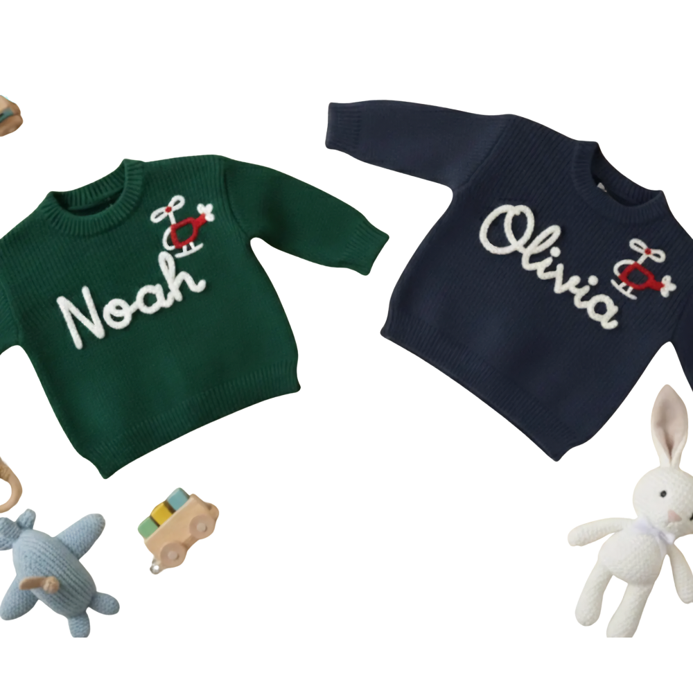 Custom Helicopter Baby Embroidered Knit Sweater, Custom Airplane Baby Sweatshirt With Name BB0802