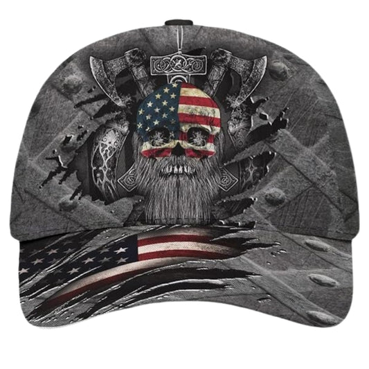 Viking Skull American Flag Baseball Cap,  Skull Lover 3D Printed Hats CP0474