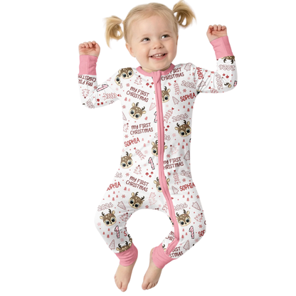 My First Christmas Reindeer Custom Name Baby Romper Convertible Zippy, Custom 1st Christmas Baby Romper Convertible BB0918