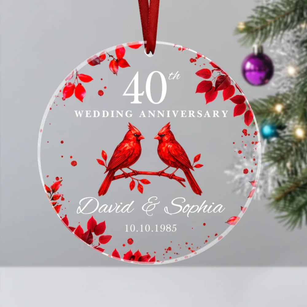 Custom Red Cardinal 40th Wedding Anniversary Glass Ornament, Custom Ruby Wedding Ornament WD0289