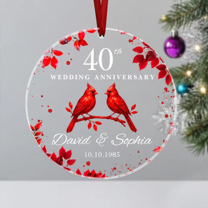 Custom Red Cardinal 40th Wedding Anniversary Glass Ornament, Custom Ruby Wedding Ornament WD0289