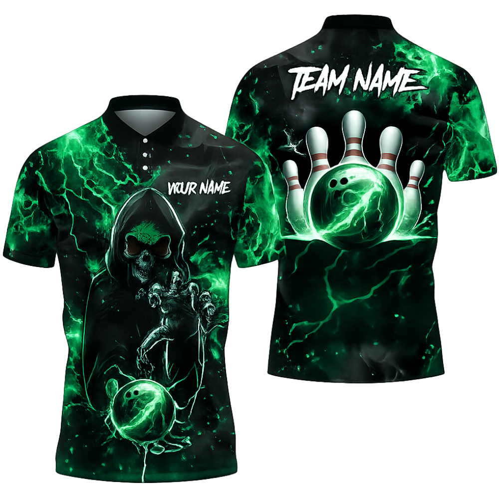Custom Skull Black And Blue Bowling Men Polo Shirt, Custom Skull Bowling Team Shirts BZ0467