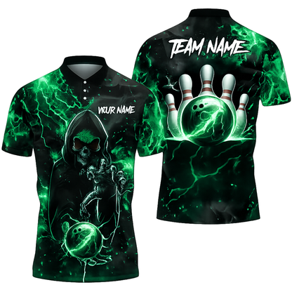 Custom Skull Black And Blue Bowling Men Polo Shirt, Custom Skull Bowling Team Shirts BZ0467