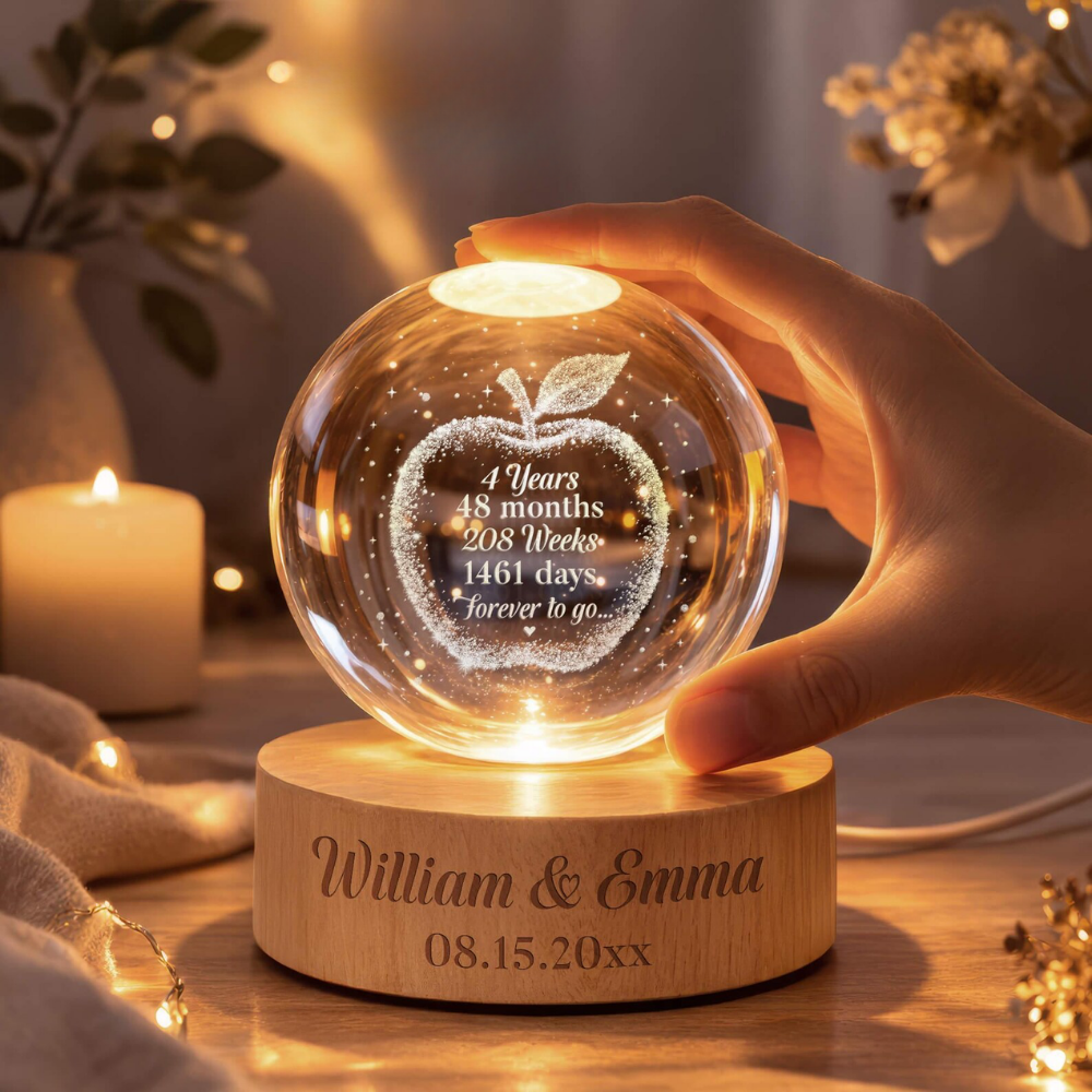 4 Years 48 Months 208 Weeks 1461 Days Forever To Go Custom Crystal Ball Led Night Light, Custom 4th Wedding Anniversary Night Light WD0904