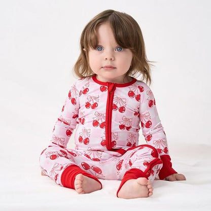 Red Cherry Checkered Baby Romper Convertible Zippy, Cherry Baby Convertible Romper BB0396