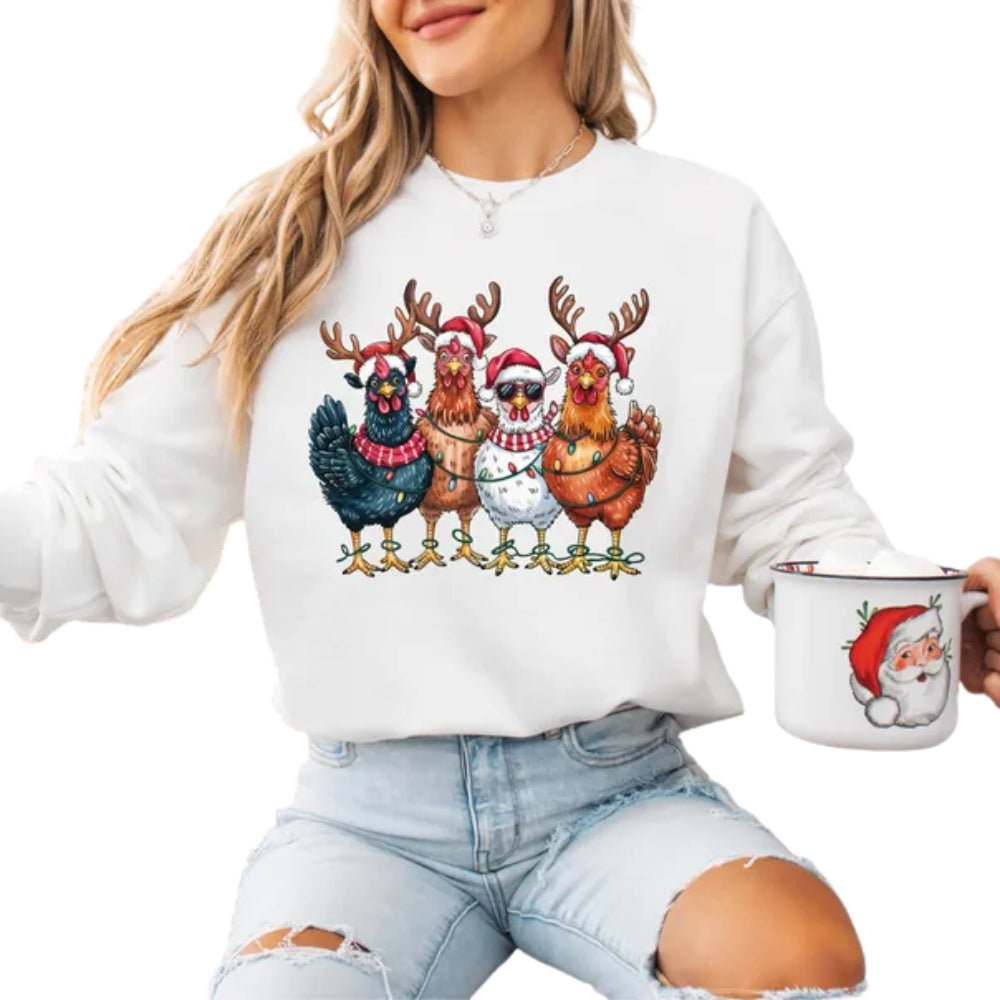 Сute Christmas Chickens Sweatshirt, Womens Christmas Chicken Sweatshirt 2D0573