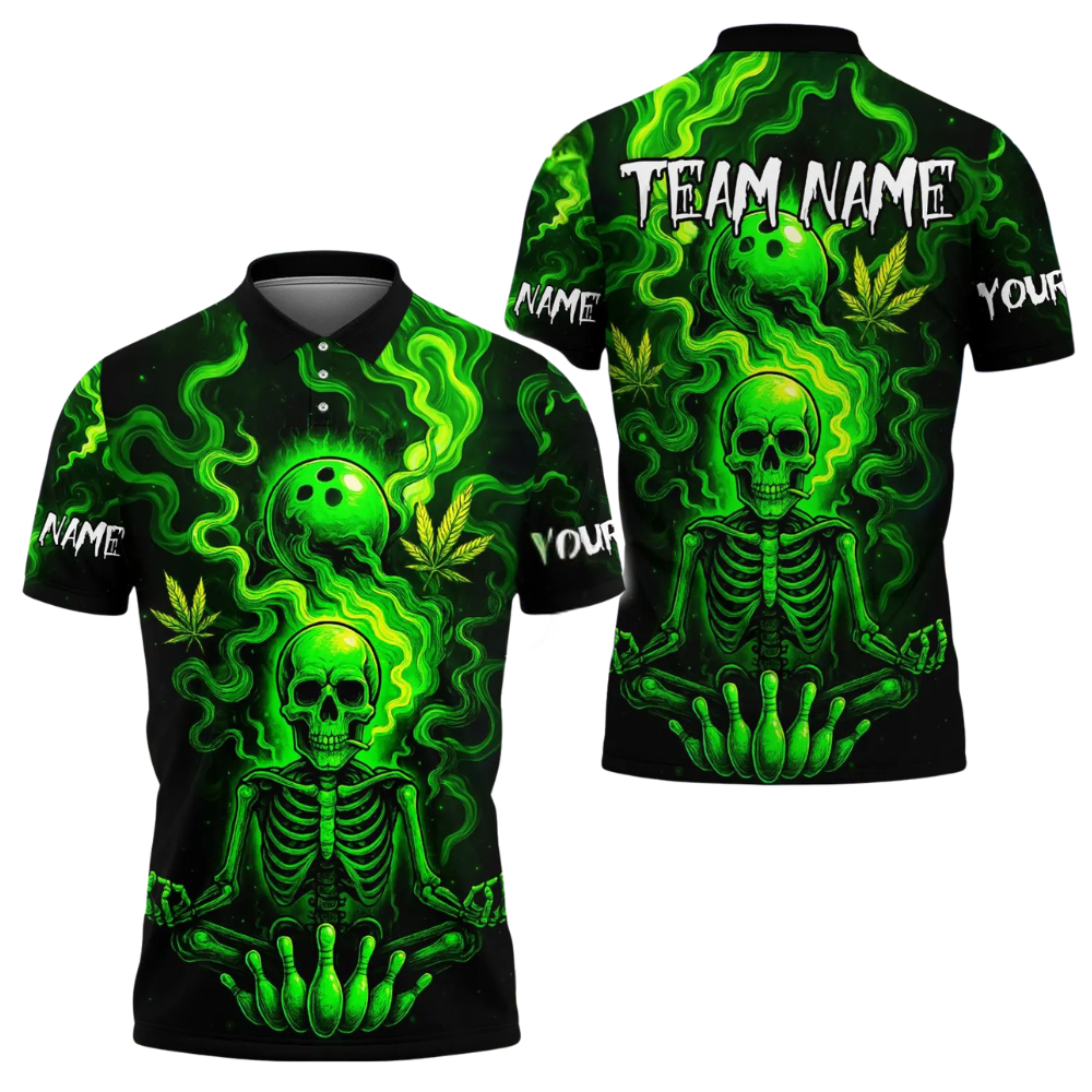 Custom Skeleton Mens Green Bowling Polo Shirt, Custom Skull Bowling Team Shirts BE0192