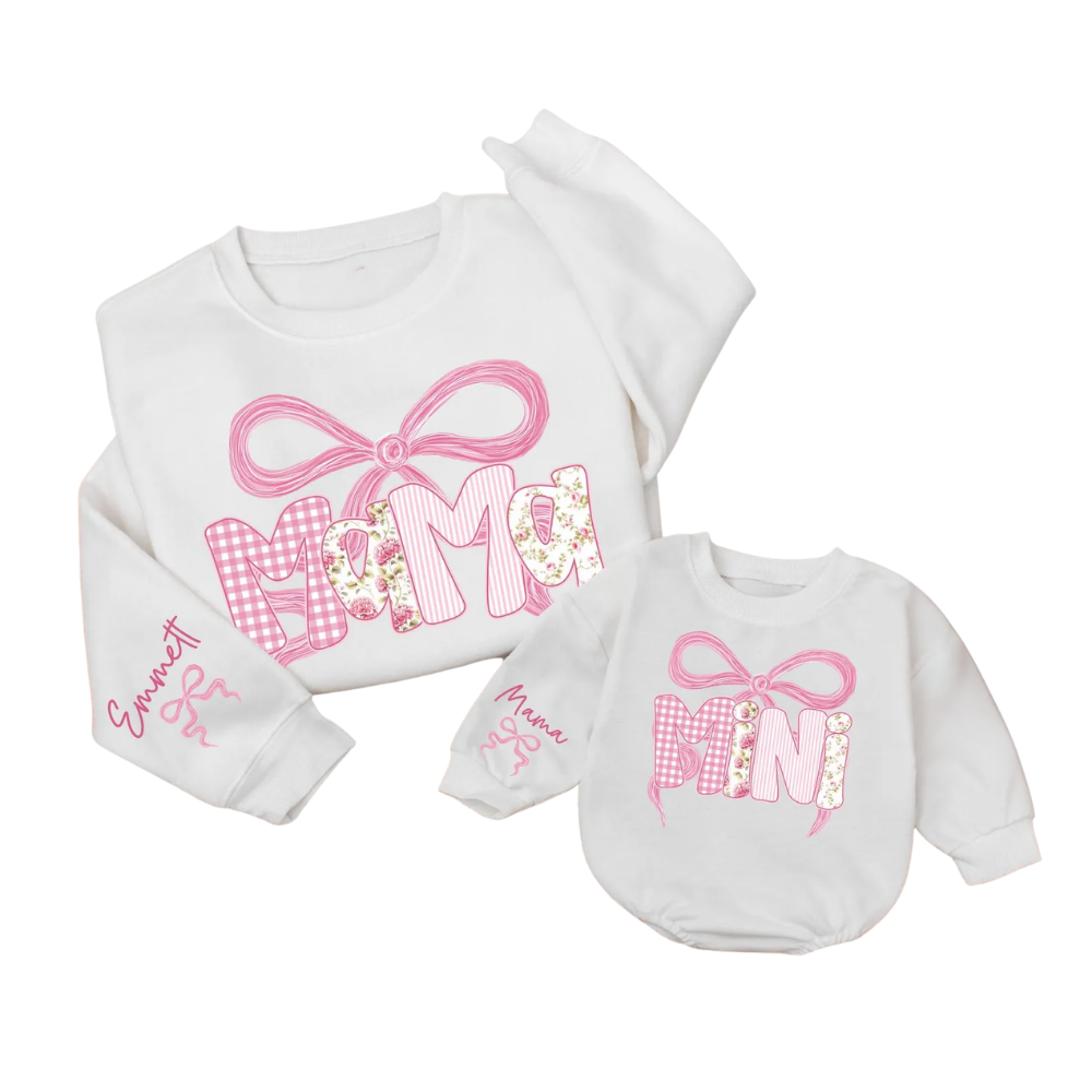 Custom Mama And Mini Floral Pink Bow Matching Sweatshirt, Custom Mommy And Mini Sweaters ET1575
