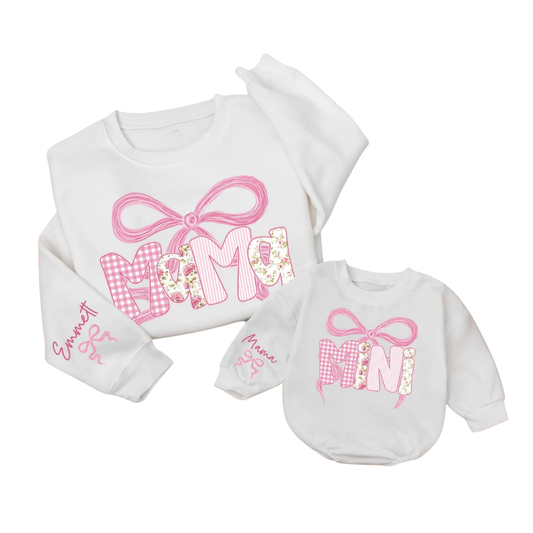 Custom Mama And Mini Floral Pink Bow Matching Sweatshirt, Custom Mommy And Mini Sweaters ET1575